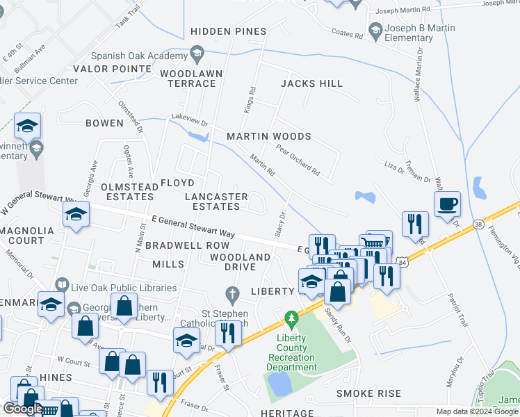 map of restaurants, bars, coffee shops, grocery stores, and more near 427 Floyd Circle in Hinesville