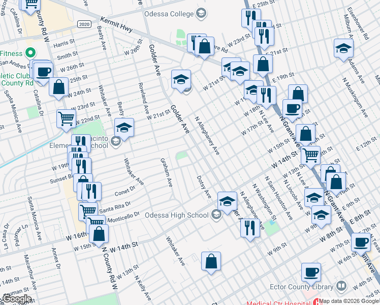 map of restaurants, bars, coffee shops, grocery stores, and more near 648-698 West 18th Street in Odessa