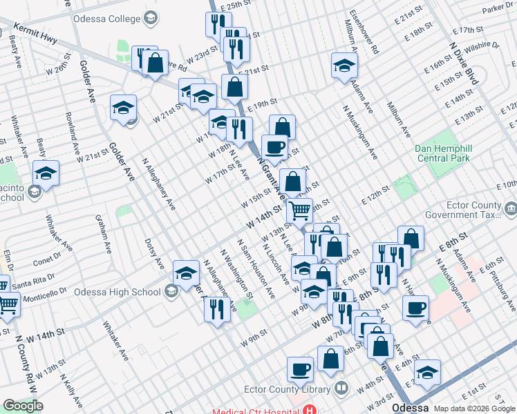 map of restaurants, bars, coffee shops, grocery stores, and more near 101-199 W 15th St in Odessa