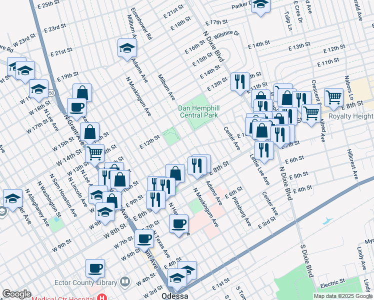 map of restaurants, bars, coffee shops, grocery stores, and more near 1007 Milburn Avenue in Odessa