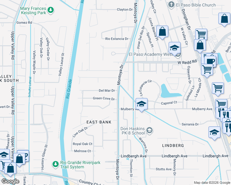 map of restaurants, bars, coffee shops, grocery stores, and more near 5503 Montoya Drive in El Paso