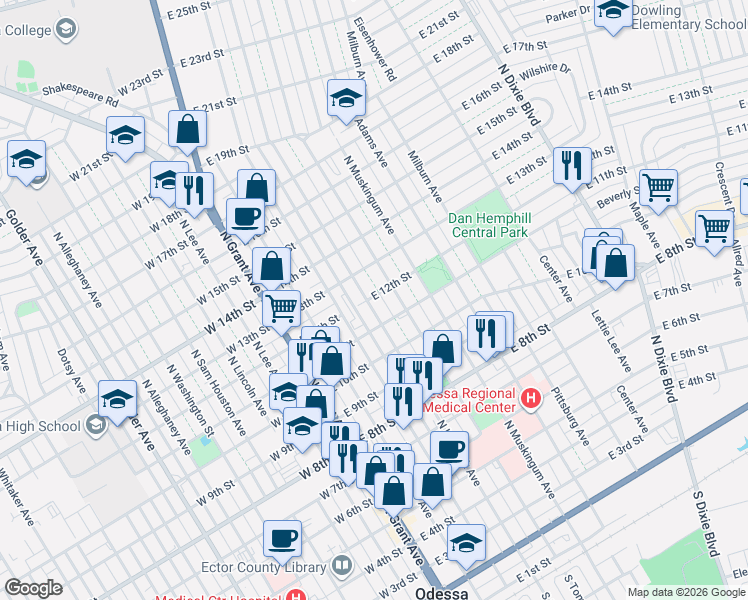 map of restaurants, bars, coffee shops, grocery stores, and more near 1206 N Hancock Ave in Odessa
