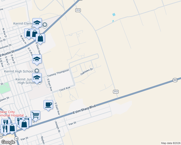 map of restaurants, bars, coffee shops, grocery stores, and more near 2225 Oaklawn Street in Kermit