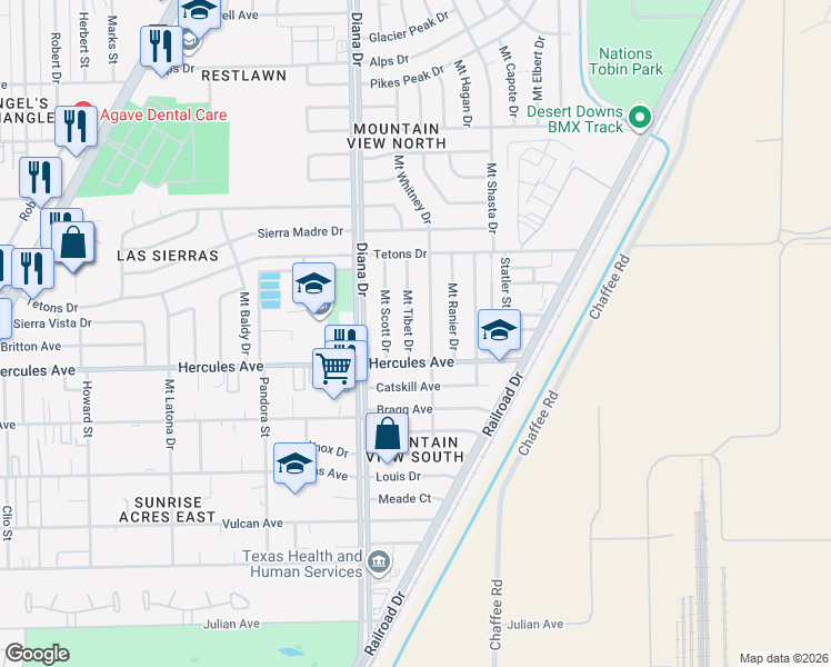 map of restaurants, bars, coffee shops, grocery stores, and more near 8409 Mount Whitney Drive in El Paso