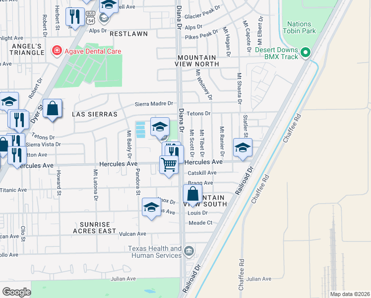 map of restaurants, bars, coffee shops, grocery stores, and more near 8409 Mount Scott Drive in El Paso