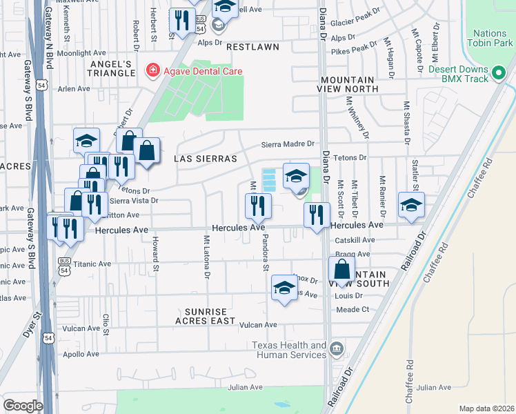 map of restaurants, bars, coffee shops, grocery stores, and more near 4901 Hercules Avenue in El Paso