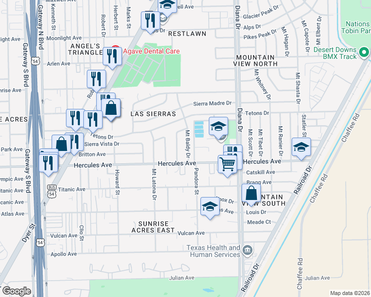 map of restaurants, bars, coffee shops, grocery stores, and more near 8412 Signal Peak Place in El Paso