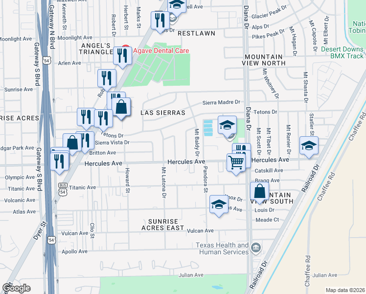 map of restaurants, bars, coffee shops, grocery stores, and more near 8412 Signal Peak Place in El Paso
