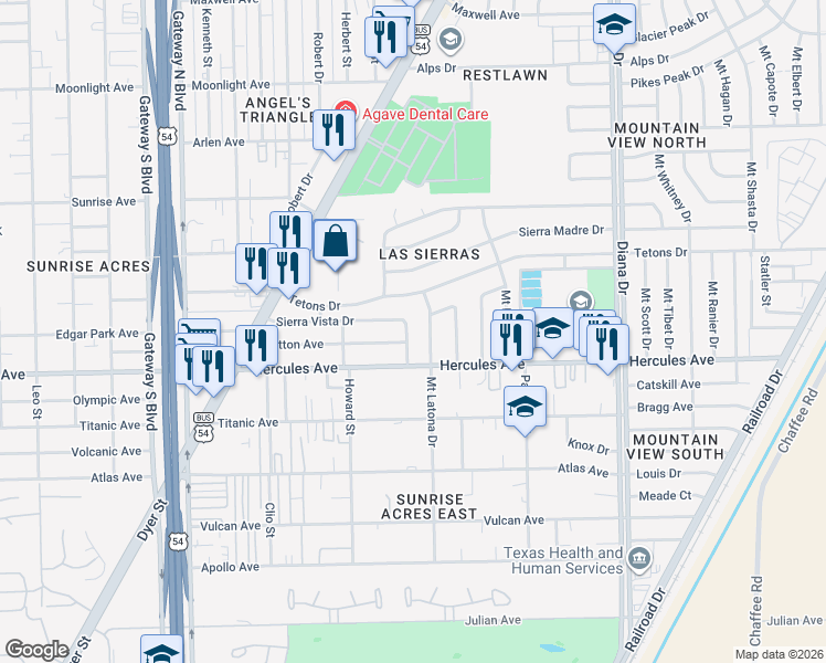 map of restaurants, bars, coffee shops, grocery stores, and more near 4751 Sierra Vista Drive in El Paso
