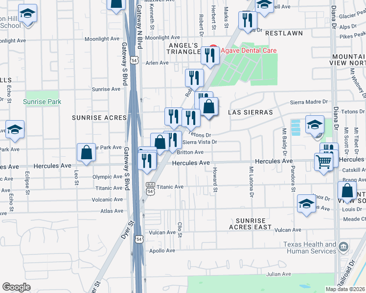 map of restaurants, bars, coffee shops, grocery stores, and more near 4525 Sierra Vista Drive in El Paso