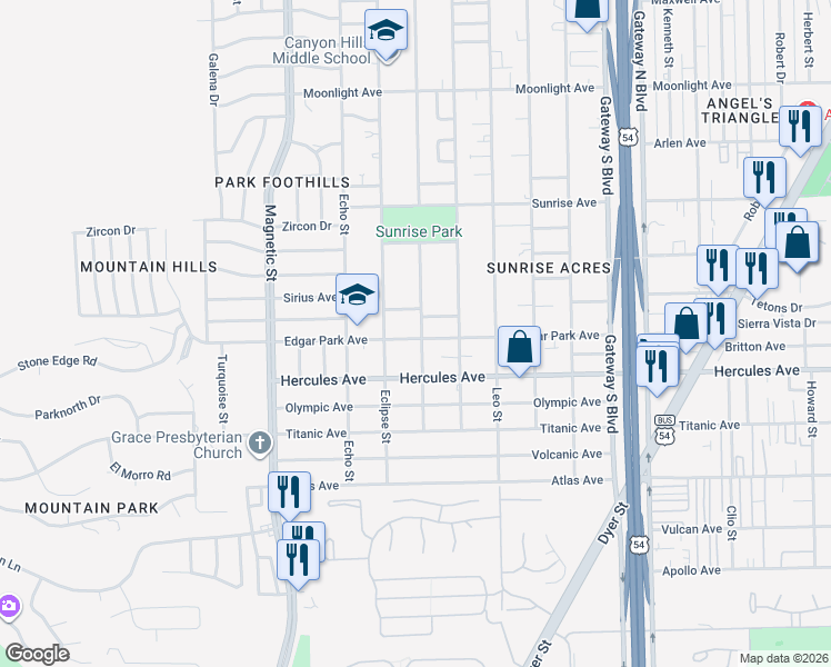map of restaurants, bars, coffee shops, grocery stores, and more near 3720 Hubble Drive in El Paso