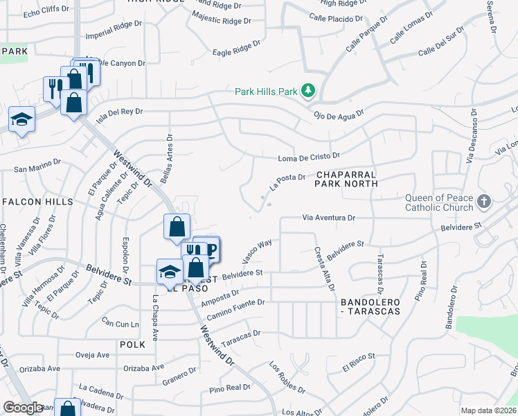 map of restaurants, bars, coffee shops, grocery stores, and more near 6437 La Posta Drive in El Paso