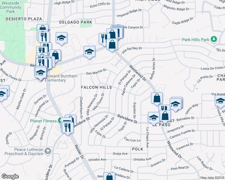 map of restaurants, bars, coffee shops, grocery stores, and more near 805 El Parque Drive in El Paso