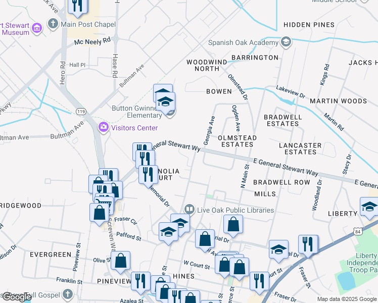map of restaurants, bars, coffee shops, grocery stores, and more near 318 General Stewart Way in Hinesville