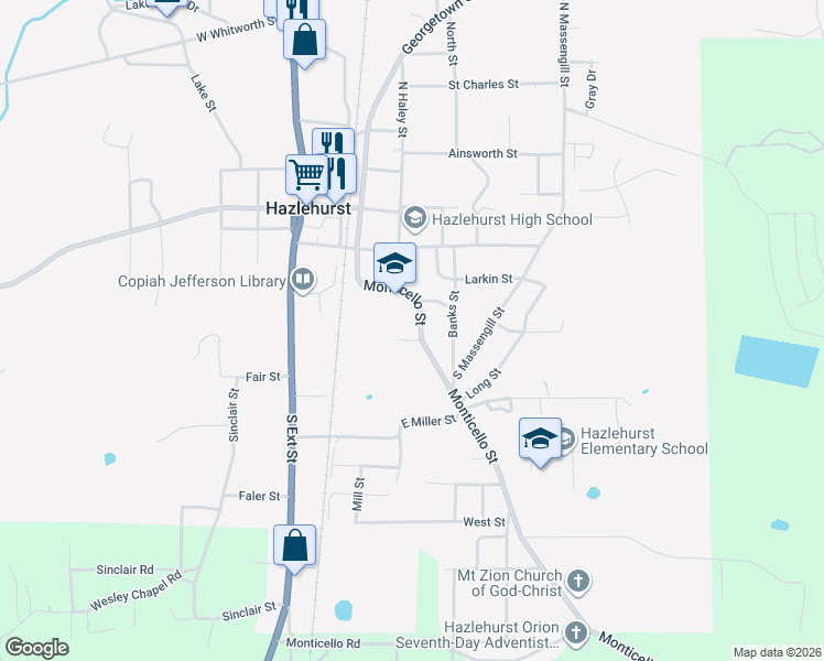 map of restaurants, bars, coffee shops, grocery stores, and more near 267-309 Monticello St in Hazlehurst