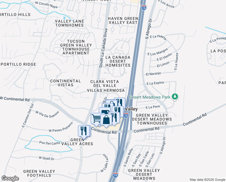 map of restaurants, bars, coffee shops, grocery stores, and more near 208 West Paseo Del Prado in Green Valley