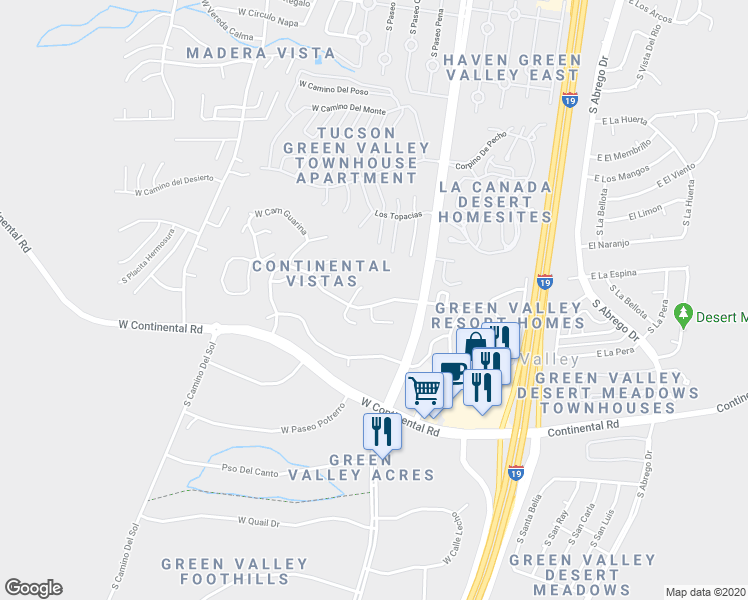 map of restaurants, bars, coffee shops, grocery stores, and more near 1017 South Horizonte Place in Green Valley