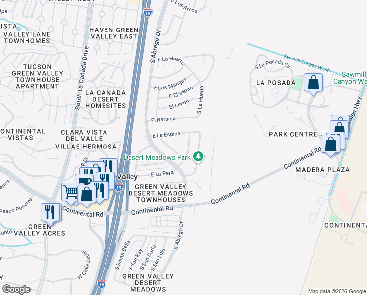 map of restaurants, bars, coffee shops, grocery stores, and more near 211 East Placita Pera in Green Valley