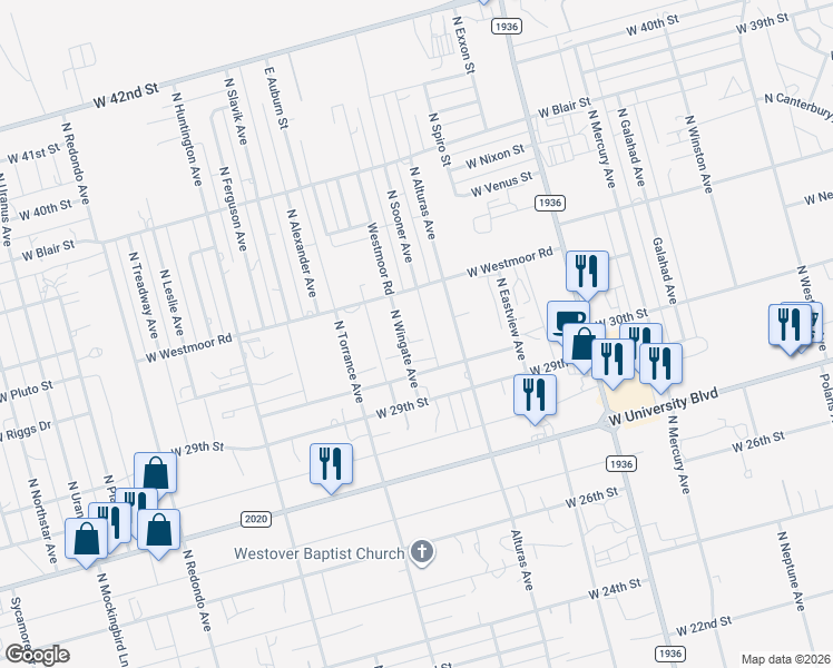 map of restaurants, bars, coffee shops, grocery stores, and more near 6419 West Westmoor Road in Odessa
