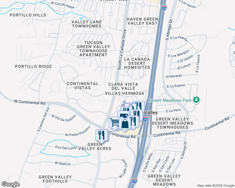 map of restaurants, bars, coffee shops, grocery stores, and more near 916 South Clara Vista Circle in Green Valley