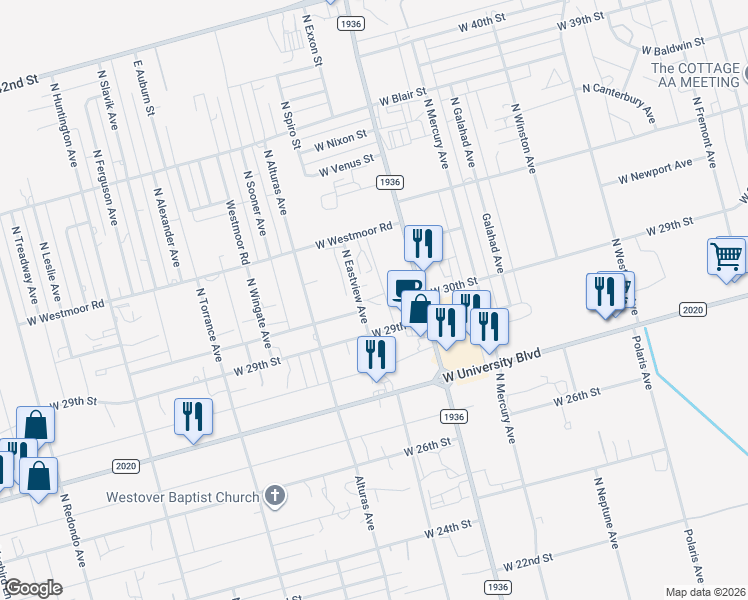 map of restaurants, bars, coffee shops, grocery stores, and more near 3111 Farm to Market Road 1936 in Odessa