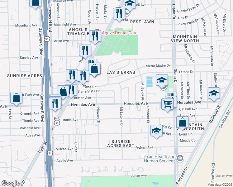 map of restaurants, bars, coffee shops, grocery stores, and more near 4751 Sierra Vista Drive in El Paso