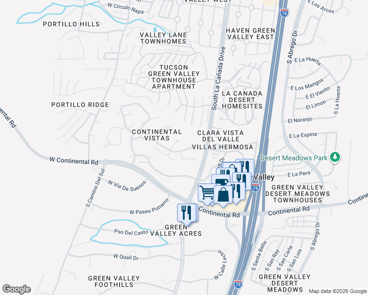 map of restaurants, bars, coffee shops, grocery stores, and more near 1017 South Horizonte Place in Green Valley