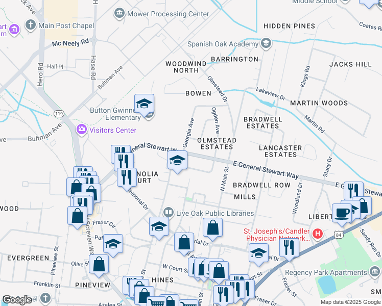 map of restaurants, bars, coffee shops, grocery stores, and more near 210 General Stewart Way in Hinesville