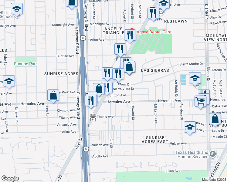 map of restaurants, bars, coffee shops, grocery stores, and more near 4525 Sierra Vista Drive in El Paso