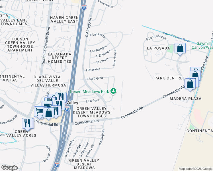 map of restaurants, bars, coffee shops, grocery stores, and more near 211 East Placita Pera in Green Valley