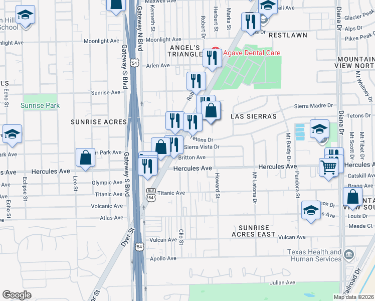 map of restaurants, bars, coffee shops, grocery stores, and more near 4525 Sierra Vista Drive in El Paso