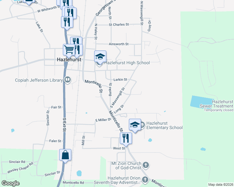 map of restaurants, bars, coffee shops, grocery stores, and more near 205 Banks Street in Hazlehurst