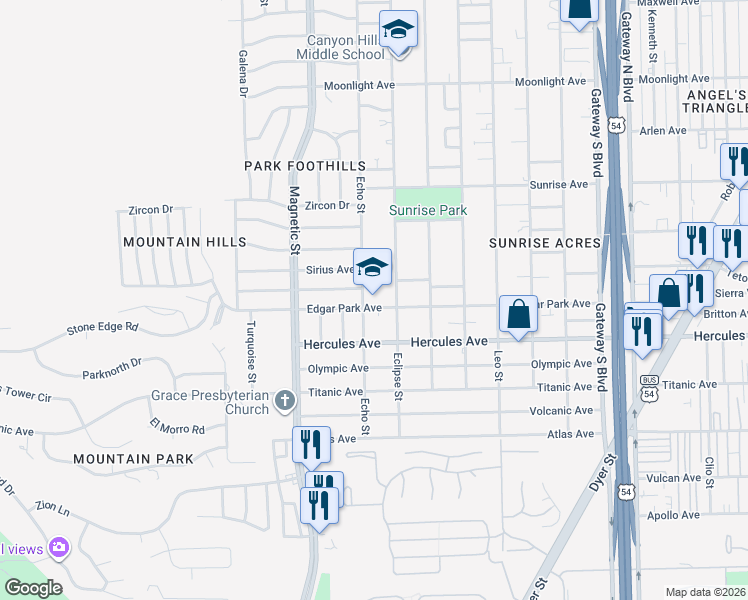 map of restaurants, bars, coffee shops, grocery stores, and more near 3601 Edgar Park Avenue in El Paso