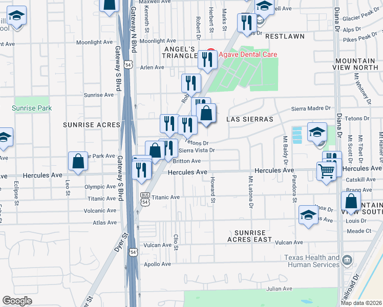 map of restaurants, bars, coffee shops, grocery stores, and more near 4525 Sierra Vista Drive in El Paso