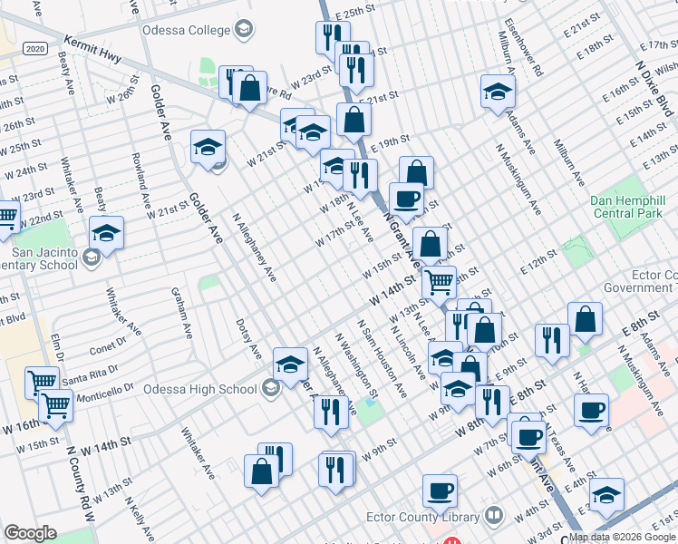 map of restaurants, bars, coffee shops, grocery stores, and more near 1602 North Sam Houston Avenue in Odessa