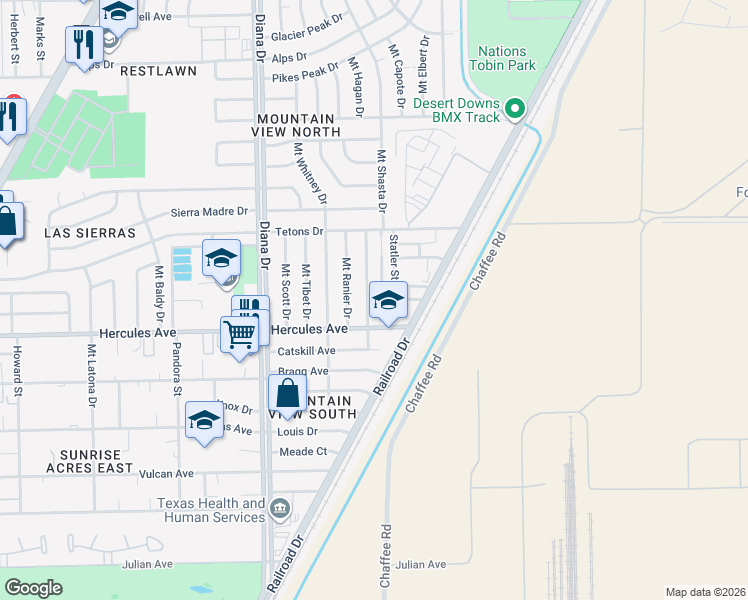 map of restaurants, bars, coffee shops, grocery stores, and more near 8413 Statler Street in El Paso