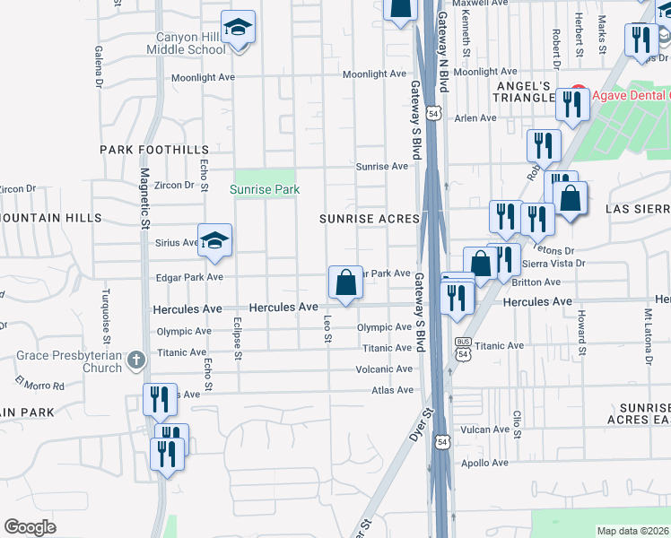 map of restaurants, bars, coffee shops, grocery stores, and more near 8415 Mercury Street in El Paso