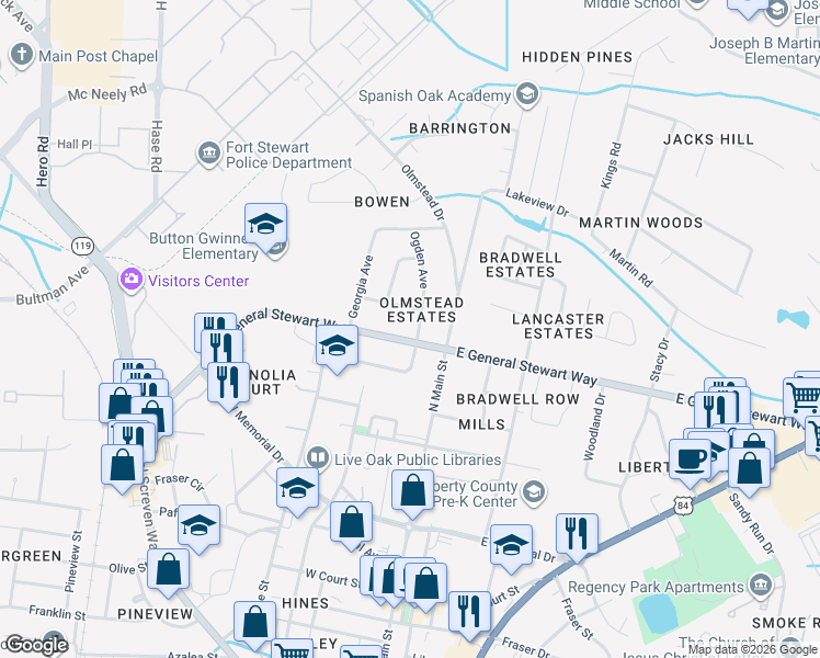 map of restaurants, bars, coffee shops, grocery stores, and more near 201 Elizabeth Street in Hinesville