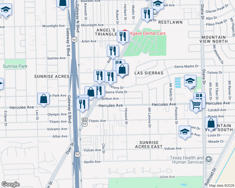 map of restaurants, bars, coffee shops, grocery stores, and more near 4613 Sierra Vista Drive in El Paso