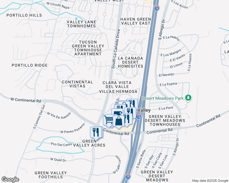 map of restaurants, bars, coffee shops, grocery stores, and more near 916 South Clara Vista Circle in Green Valley