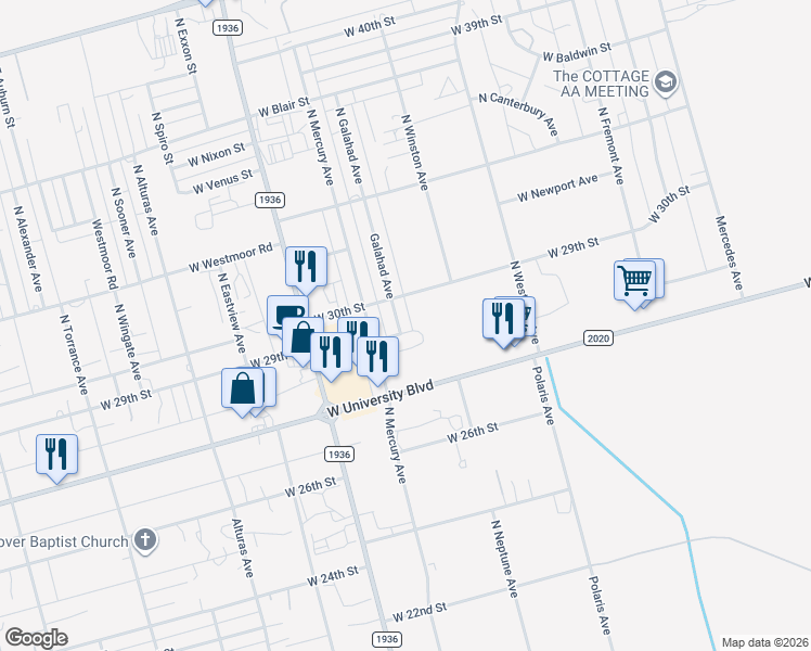 map of restaurants, bars, coffee shops, grocery stores, and more near 2928 Galahad Avenue in Odessa