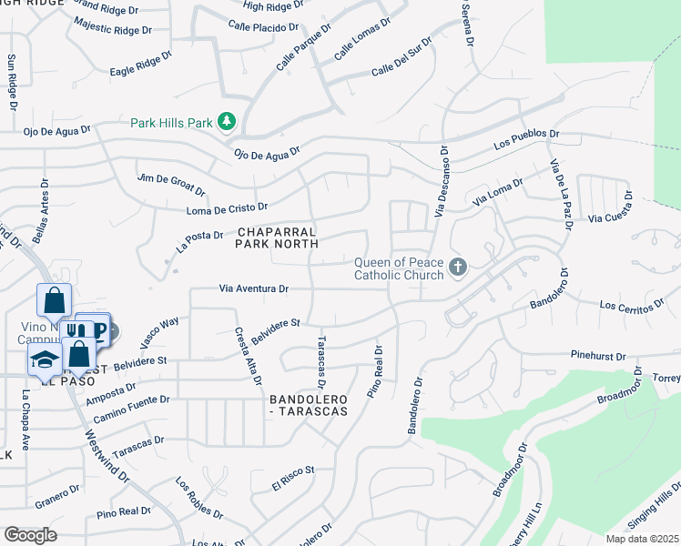 map of restaurants, bars, coffee shops, grocery stores, and more near 6275 Los Bancos Drive in El Paso