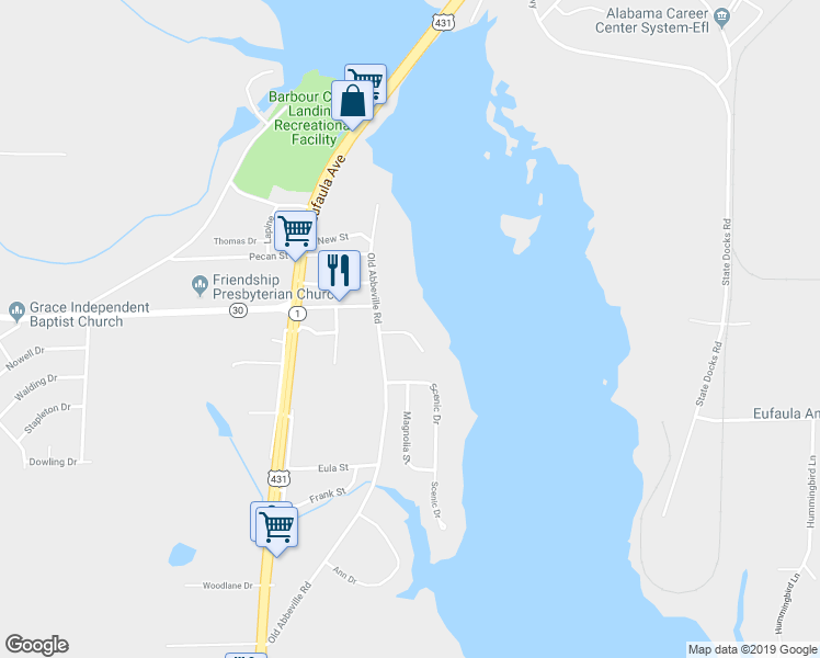 map of restaurants, bars, coffee shops, grocery stores, and more near 133 Faison Drive in Eufaula