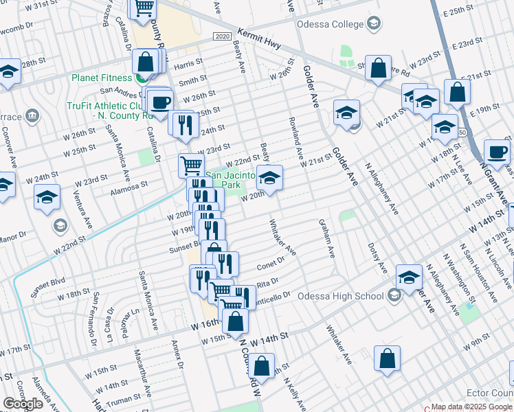map of restaurants, bars, coffee shops, grocery stores, and more near 1000 West 19th Street in Odessa