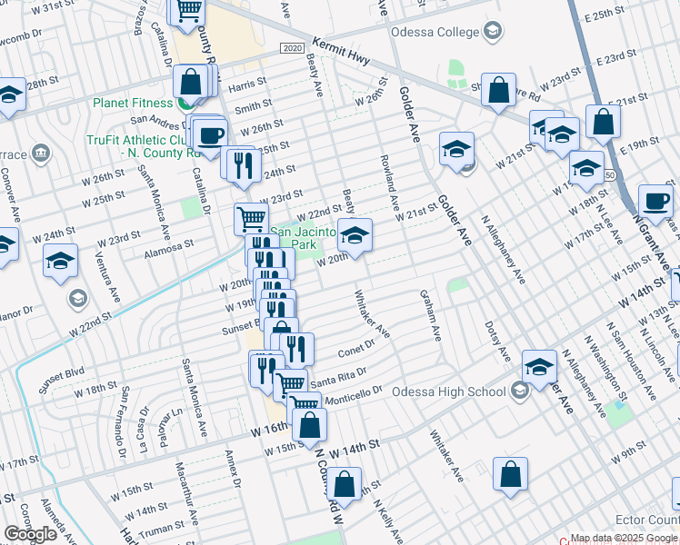 map of restaurants, bars, coffee shops, grocery stores, and more near 1000 West 19th Street in Odessa