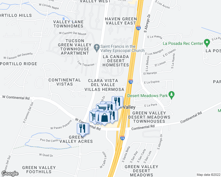 map of restaurants, bars, coffee shops, grocery stores, and more near 208 West Paseo Del Prado in Green Valley