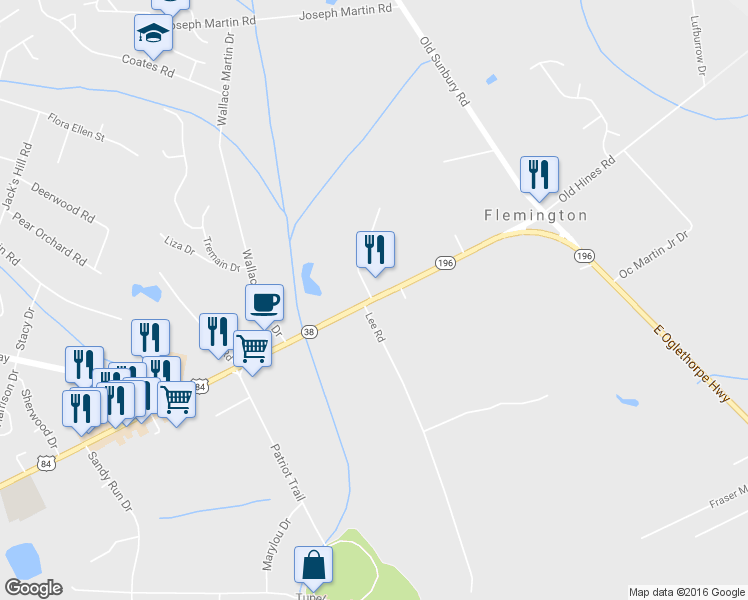 map of restaurants, bars, coffee shops, grocery stores, and more near 1050 E Oglethorpe Hwy in Hinesville