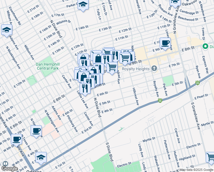 map of restaurants, bars, coffee shops, grocery stores, and more near 1318 East 7th Street in Odessa
