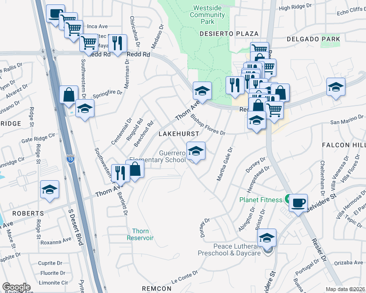 map of restaurants, bars, coffee shops, grocery stores, and more near 8504 Lakehurst Road in El Paso