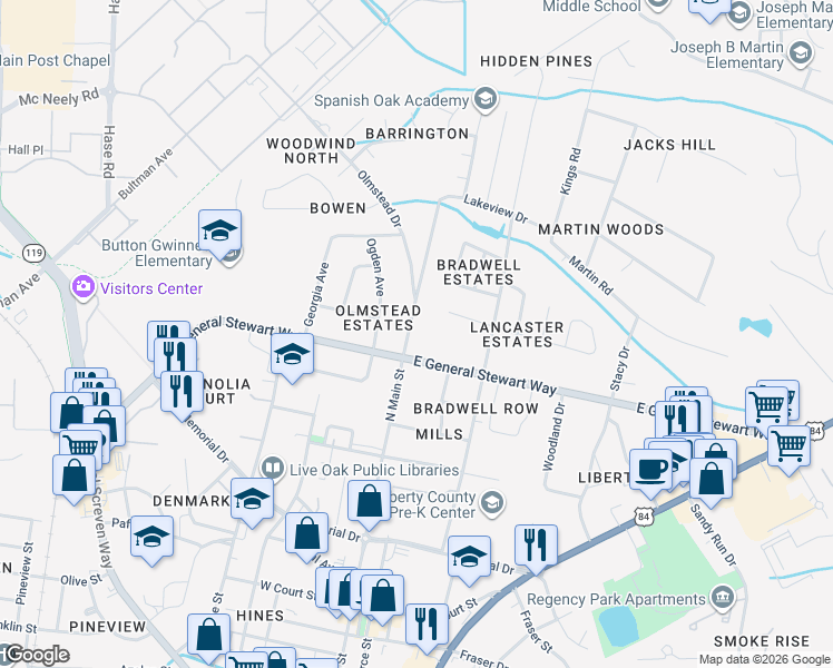 map of restaurants, bars, coffee shops, grocery stores, and more near 603 North Main Street in Hinesville